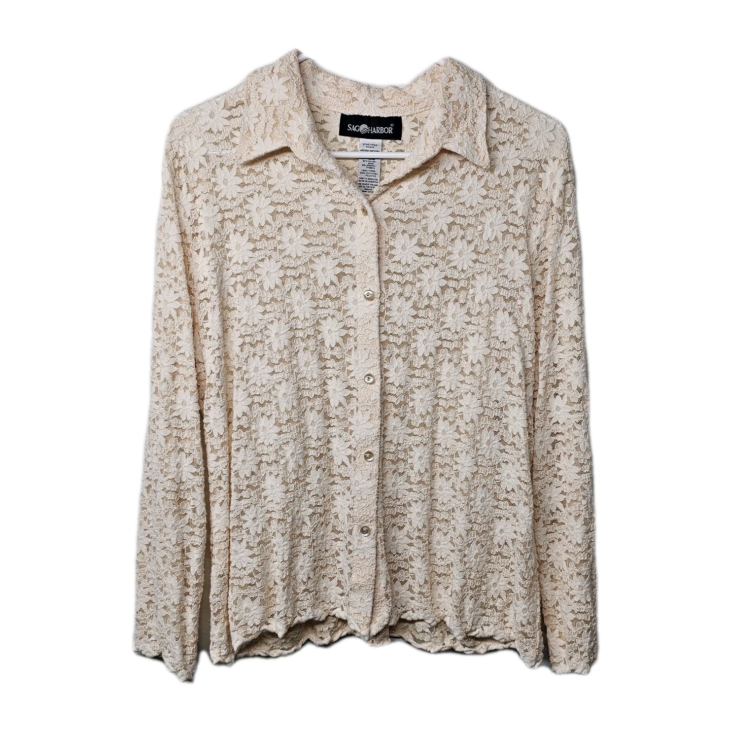 Vtg Sag Harbor Womens Med Ivory Sheer Floral Lace Button Up Long Sleeve Stretchy